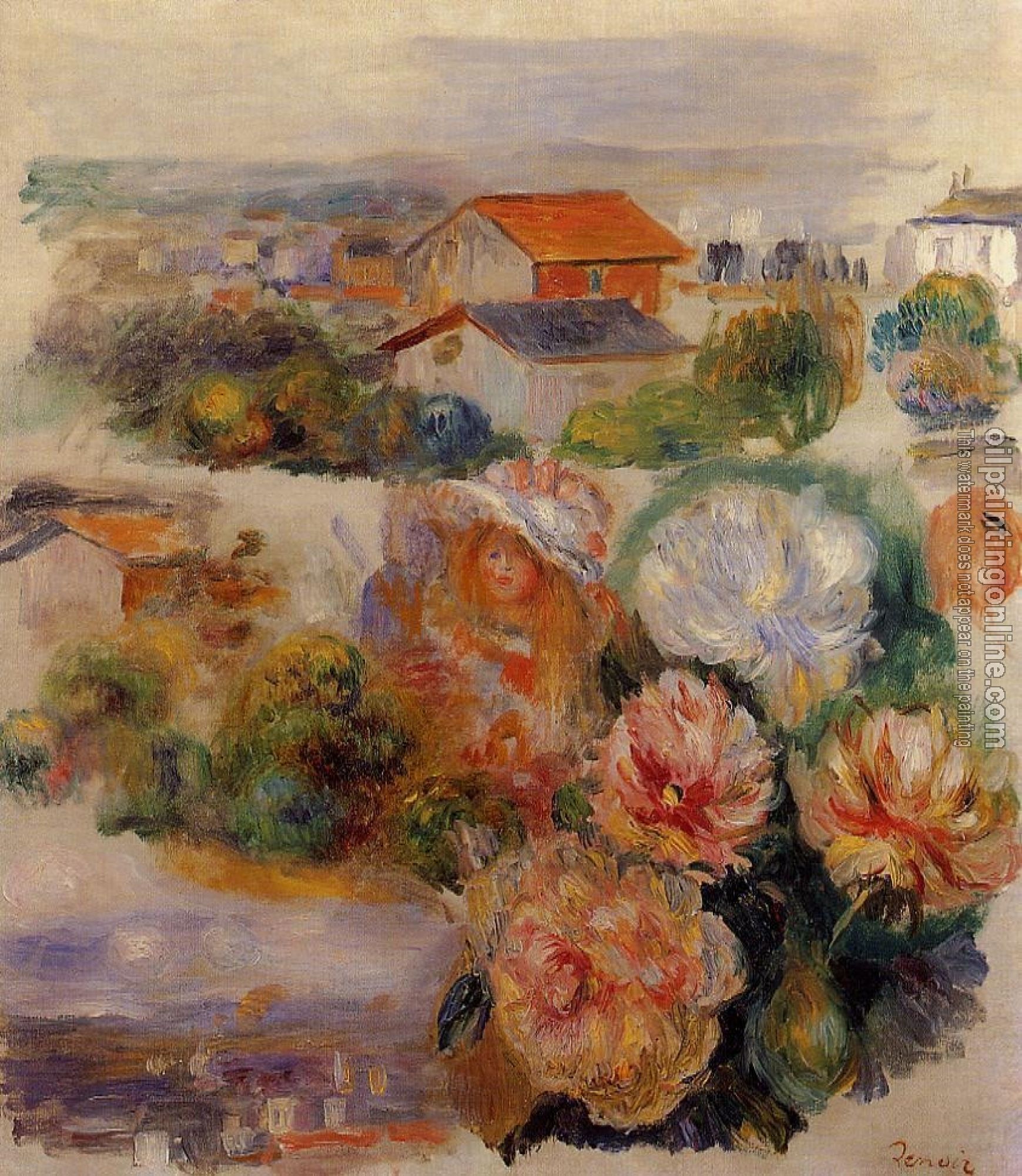 Renoir, Pierre Auguste - Landscape, Flowers and Little Girl